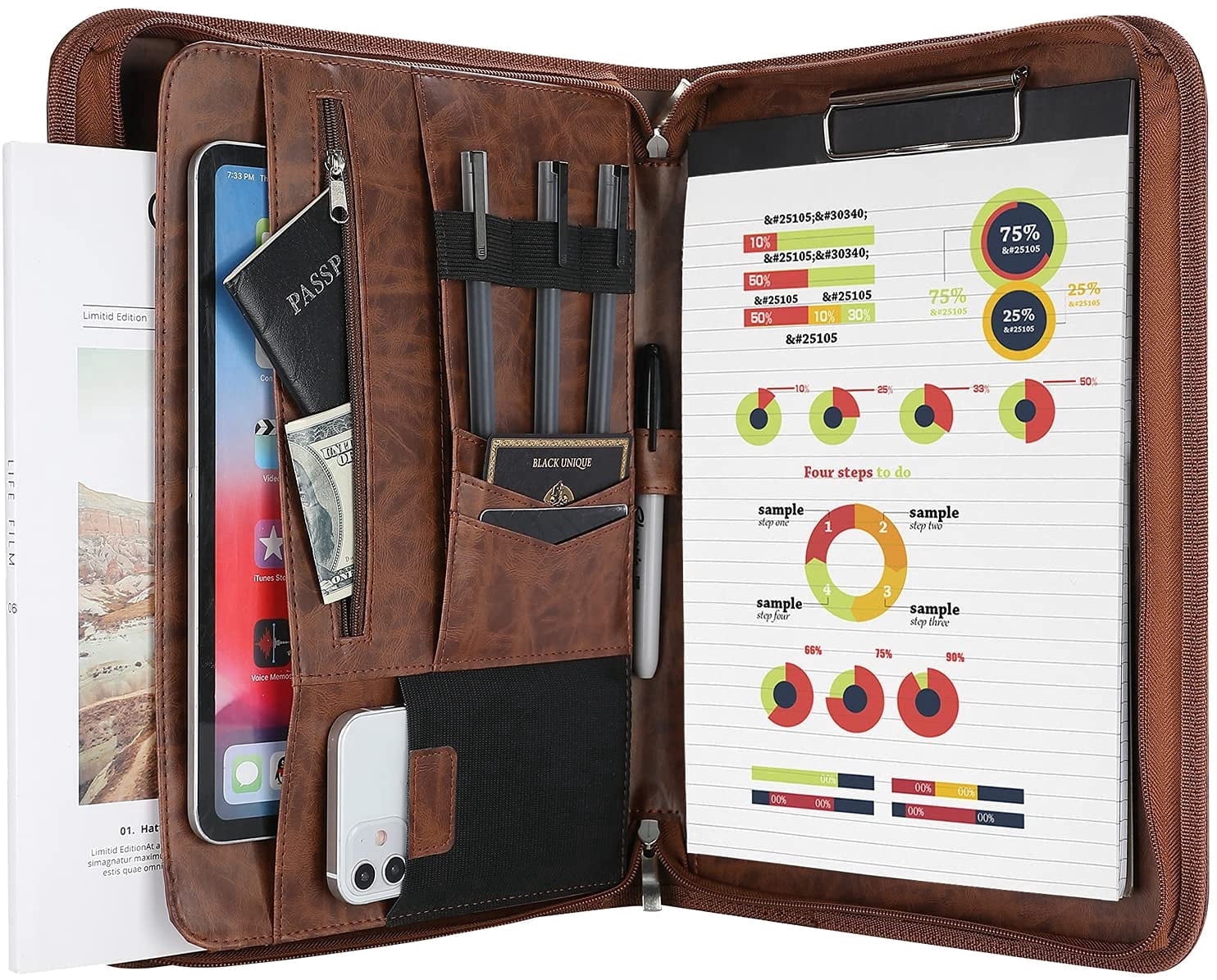 ProCase Portfolio Binder, Leather Padfolio File Folder Zipper Notepad Business Legal Document Holder with Tablet Sleeve, Phone Pouch, Card Organizer, Writing Pad -Brown
