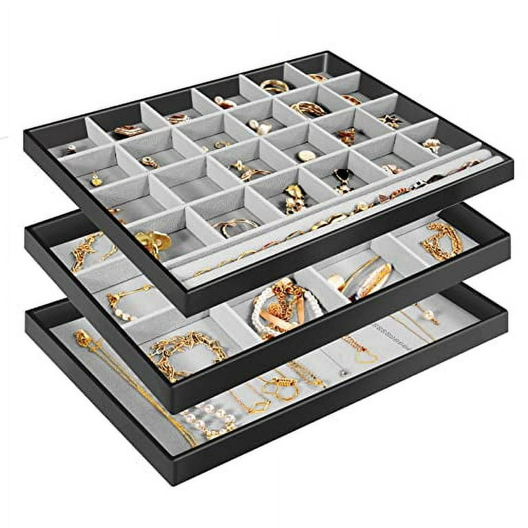 ProCase Set of 3 Stackable Jewelry Trays Organizer for Drawers Jewellery Drawer Insert Divider Jewel Display Storage Container with Removable Dividers for Ring Earring Necklace Bracelet Watch Black W...