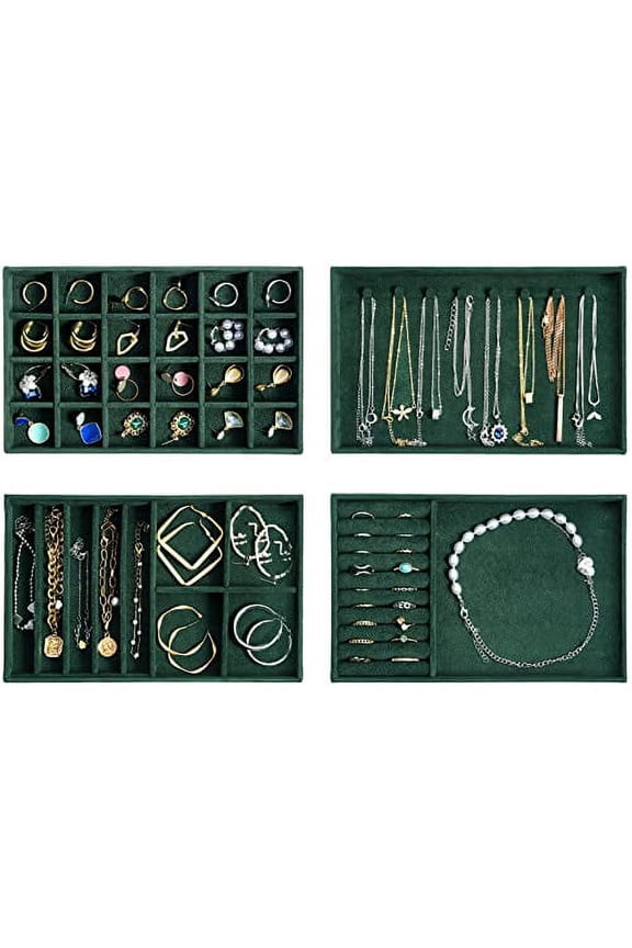 Set of 4 Stackable Jewelry Organizer Trays for Drawers, Jewelry Drawer Inserts Container Display Case Storage for Earring Necklace Rings Bracelet with Removable Dividers -Green