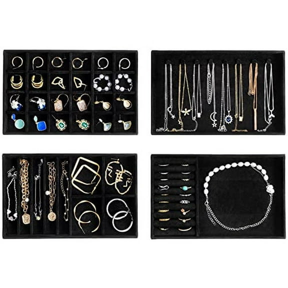 ProCase Set of 4 Stackable Jewelry Organizer Trays for Drawers, Jewelry Drawer Inserts Container Display Case Storage for Earring Necklace Rings Bracelet with Removable Dividers -Allblack