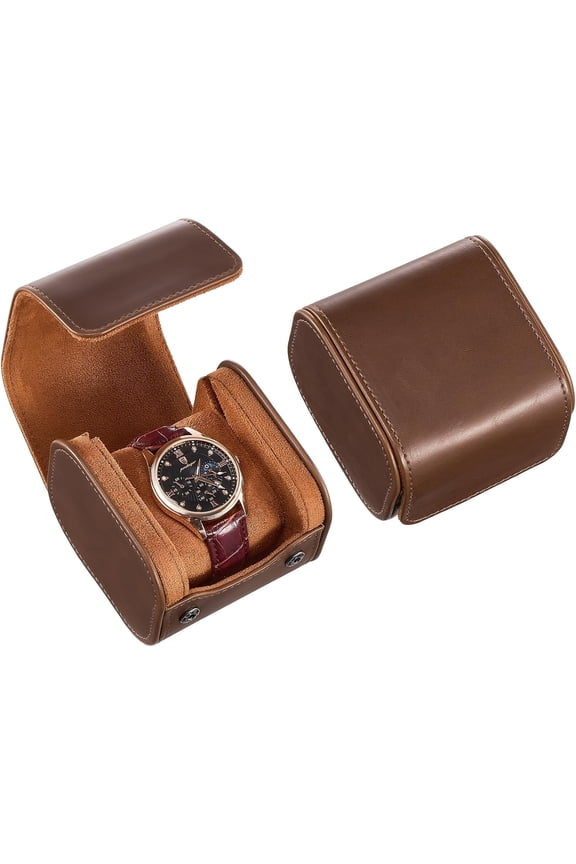 Single PU Leather Watch Roll Box for Men, Portable Watch Holder Organizer -Brown