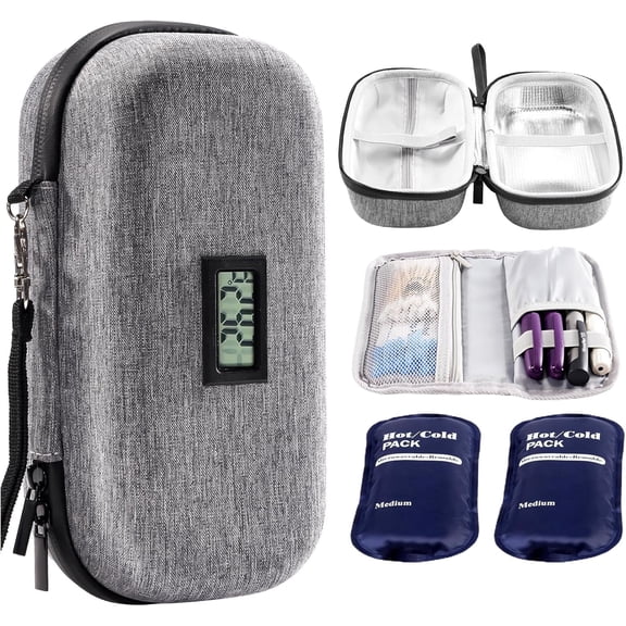 Procase Insulin Cooler Travel Case with Thermometer Temperature Display, TSA Approved Refrigerated Organizer Bag with 2 Reusable Ice Packs -Grey