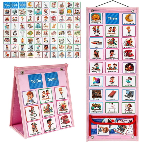 ProCase Visual Schedule for Kids, Daily Routine Core Chart Calender Morning Bedtime Communication Cards Learning Material Wall Planner Behavioral Tool for Kid Toddler Home School -Pink