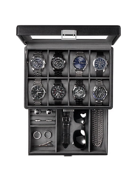 Watch Box Jewelry Organizer Box, Drawer Display Case with Glass Lid, Black, 8 Slot