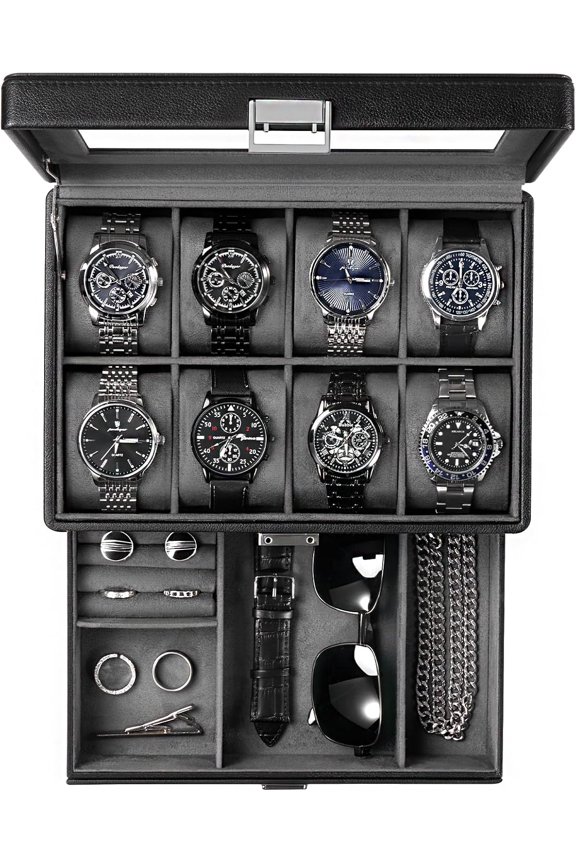 Watch Box, Jewelry Organizer Box with Drawer, Display Case with Glass Lid -Black, 8 Slot