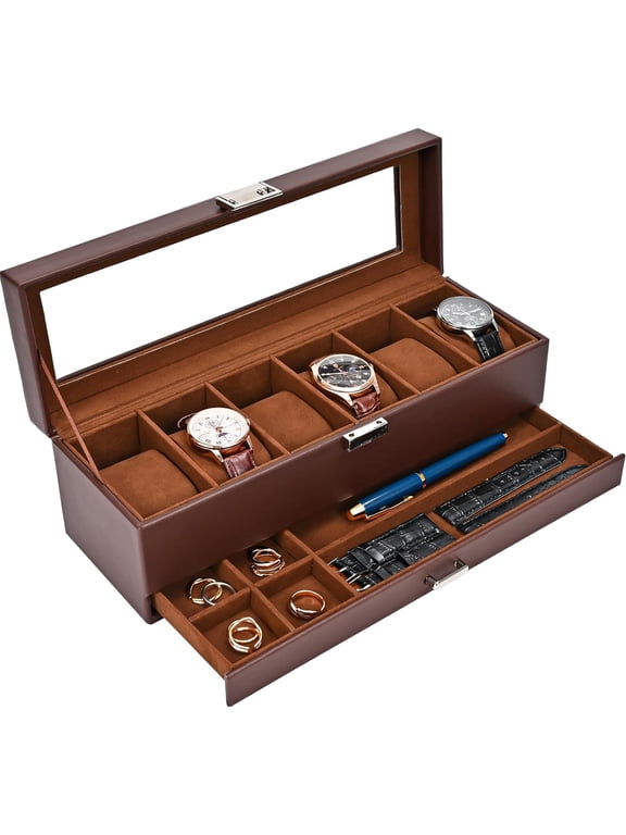Watch Box Organizer for Men, 6 Slot Watch Display Case with Drawer, Valentines Gift Mens Watch Holder Watch Case for Men, 6 Watch Box 2-layer Jewelry and Watch Storage Case -Espresso