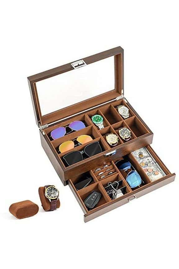 Wooden Men's Jewelry Box, Watch and Sunglasses Box Organizer for Men, 2-Tier Watch Holder and Glasses Display Cases with Clear Glass Top and Storage Drawer,Father's Day Gift -Espresso
