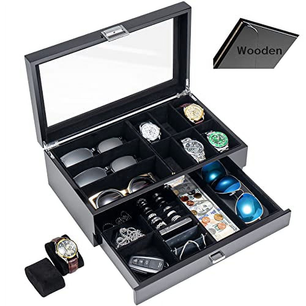ProCase Wooden Men's Jewelry Box, Watch and Sunglasses Box Organizer for Men, 2-Tier Watch Holder and Glasses Display Cases with Clear Glass Top and Storage Drawer -Black