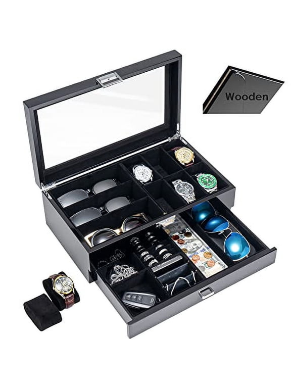 Wooden Men's Jewelry Box, Watch and Sunglasses Box Organizer for Men, 2-Tier Watch Holder and Glasses Display Cases with Clear Glass Top and Storage Drawer -Black
