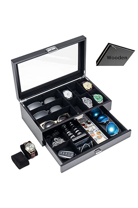 Wooden Men's Jewelry Box, Watch and Sunglasses Box Organizer for Men, 2-Tier Watch Holder and Glasses Display Cases with Clear Glass Top and Storage Drawer -Black
