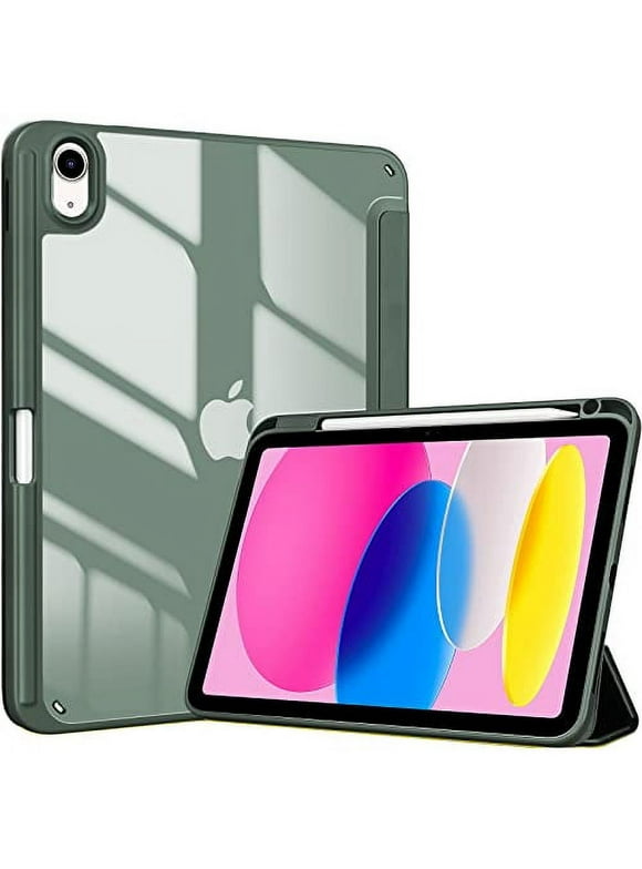 ProCase for iPad 10th Generation Case With Pencil Holder 2022 iPad 10.9 Inch Case, Clear Transparent Back Shell Trifold Protective Case Smart Cover for 2022 iPad 10th Gen A2696 A2757 A2777 -Olivegreen
