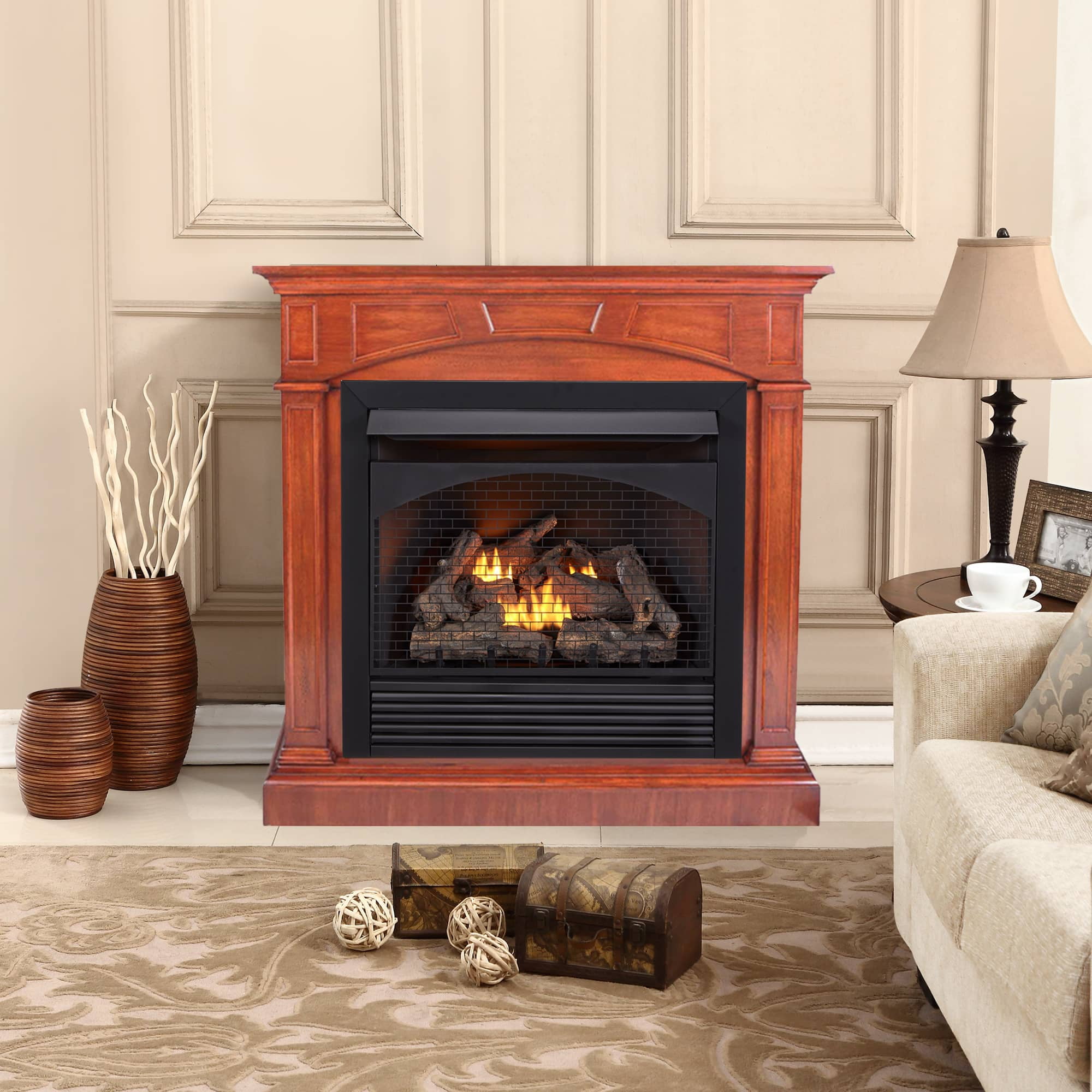 ProCom Dual Fuel Ventless Gas Fireplace With Mantel - 32,000 BTU, Remote  Control, Heritage Cherry Finish - Model# FBNSD32RT-M-HC - Walmart.com