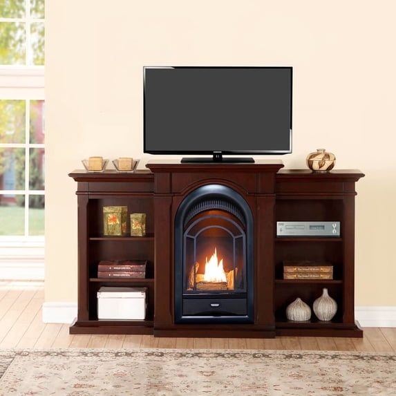 ProCom FS100T-CBS Ventless Fireplace System 10K BTU Duel Fuel Thermostat Insert and Chocolate Mantel with Shelves