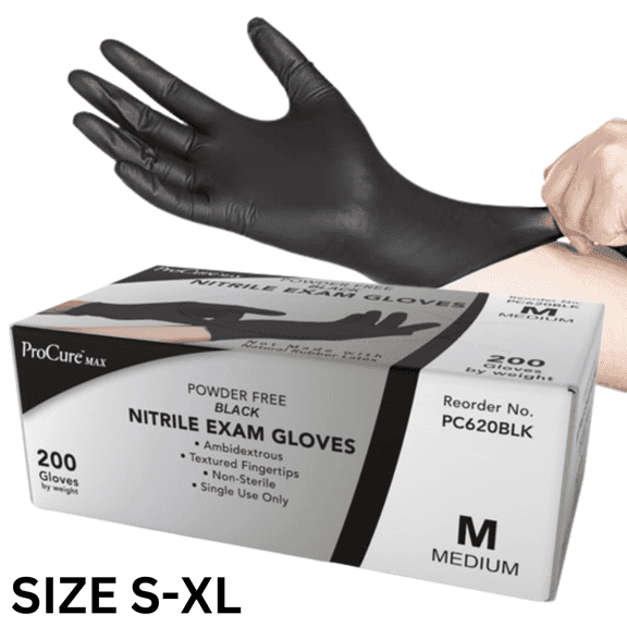ProCure Disposable Black Nitrile Gloves 200 Count - Heavy Duty 4Mil, Powder Free, Rubber Latex Free, Medical Exam Grade