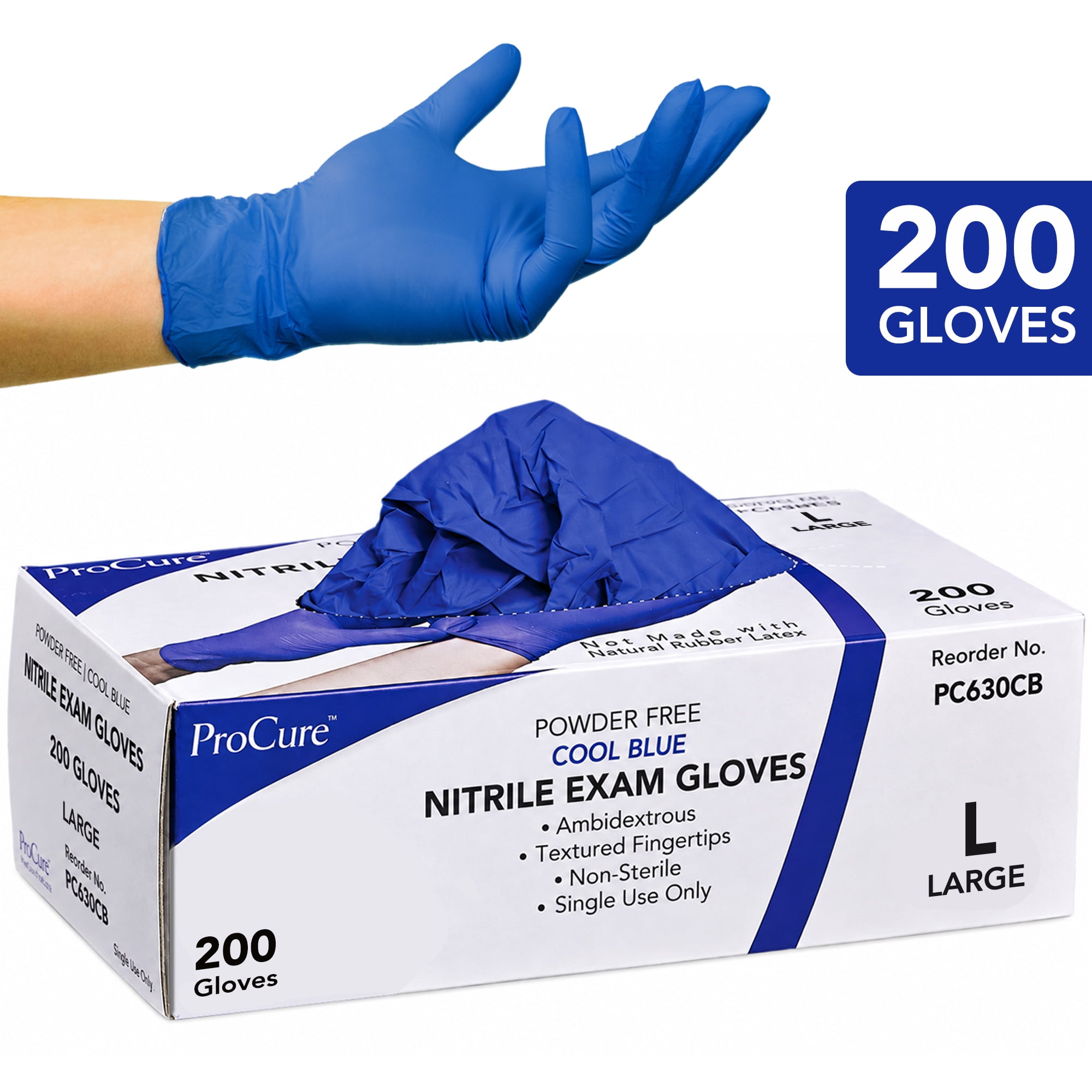 ProCure Disposable Nitrile Gloves - 200 Count - Powder Free, Rubber Latex Free, Medical Exam Grade