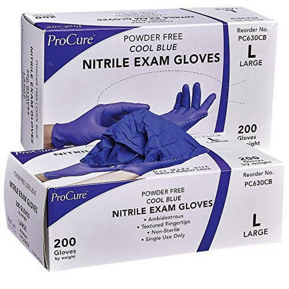 ProCure Disposable Nitrile Gloves - 400 Count, Large - Powder Free, Rubber Latex Free, Medical Exam Grade, Non Sterile, Ambidextrous - Soft with Textured Tips - Cool Blue