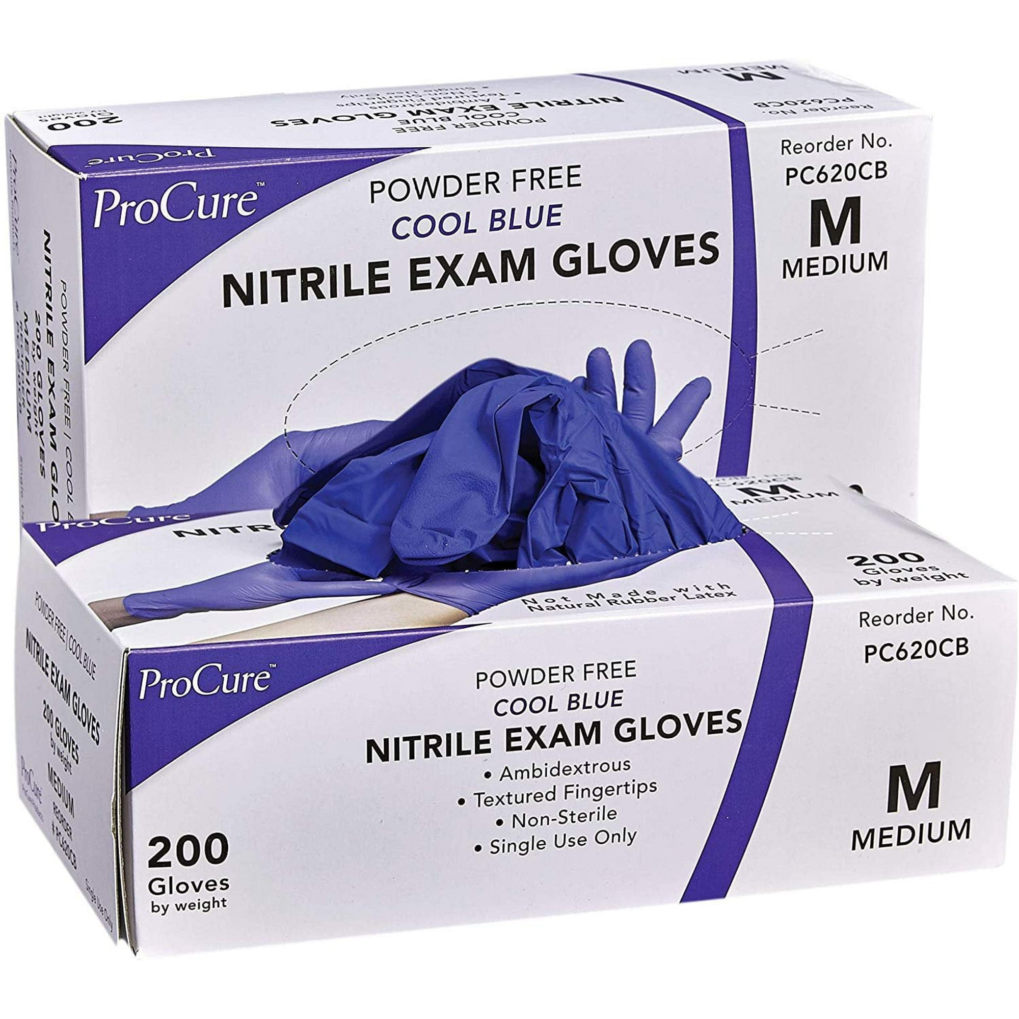 ProCure Disposable Nitrile Gloves - 400 Count, Medium - Powder Free, Rubber Latex Free, Medical Exam Grade, Non Sterile, Ambidextrous - Soft with Textured Tips - Cool Blue