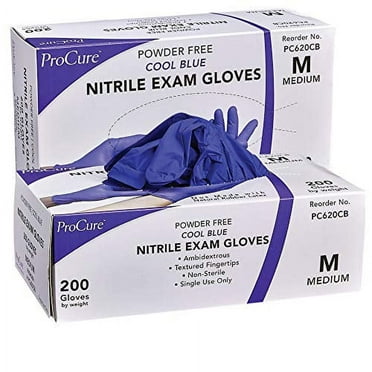 ProCure Disposable Nitrile Gloves - 400 Count, Medium - Powder Free, Rubber Latex Free, Medical Exam Grade, Non Sterile, Ambidextrous - Soft with Textured Tips - Cool Blue