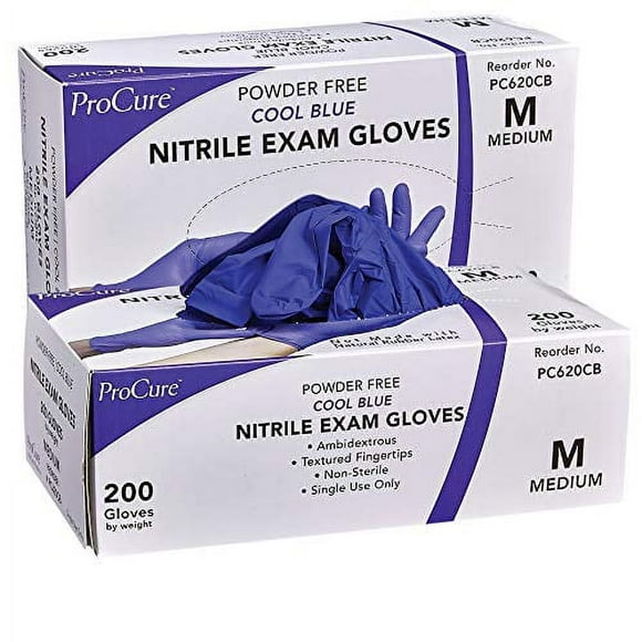 ProCure Disposable Nitrile Gloves - 400 Count, Medium - Powder Free, Rubber Latex Free, Medical Exam Grade, Non Sterile, Ambidextrous - Soft with Textured Tips - Cool Blue