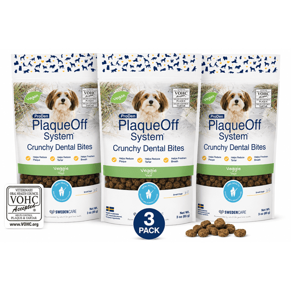 ProDen PlaqueOff Crunchy Dental Bites for Small & Medium Breed Dogs Veggie Flavor, 3-oz Bag (3 Pack)