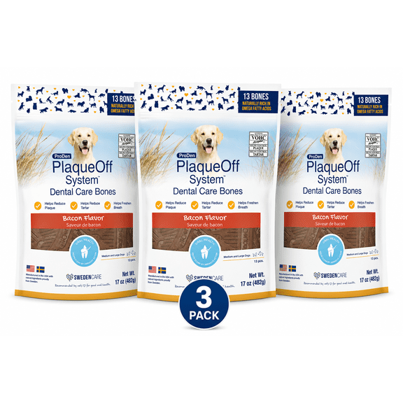 ProDen PlaqueOff Dental Care Bone Dog Treats, 13 count, Bacon Flavor, 17 oz Bag (Pack of 3)