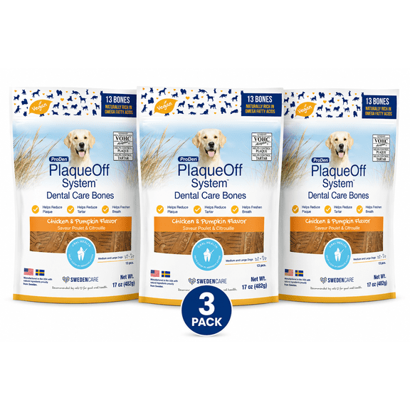 ProDen PlaqueOff Dental Care Bone Dog Treats, 13 count, Chicken & Pumpkin, 17 oz Bag (Pack of 3)