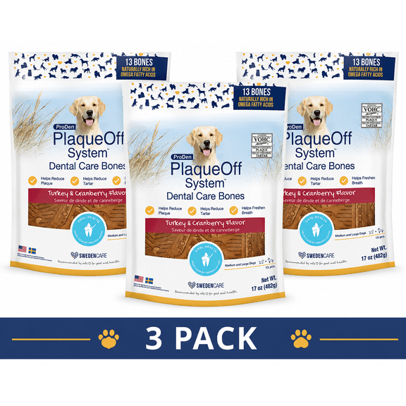 ProDen PlaqueOff Dental Care Bone Dog Treats, 13 count, Turkey & Cranberry, 17 oz Bag (Pack of 3)