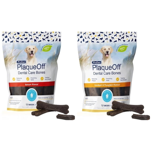 ProDen PlaqueOff System Dental Bone Dog Treats in 2 Flavors: 1 Chicken & Pumpkin and 1 Bacon, 17 Oz Each (13 Bones/Bag) + Shaynanigans Silicone Lid