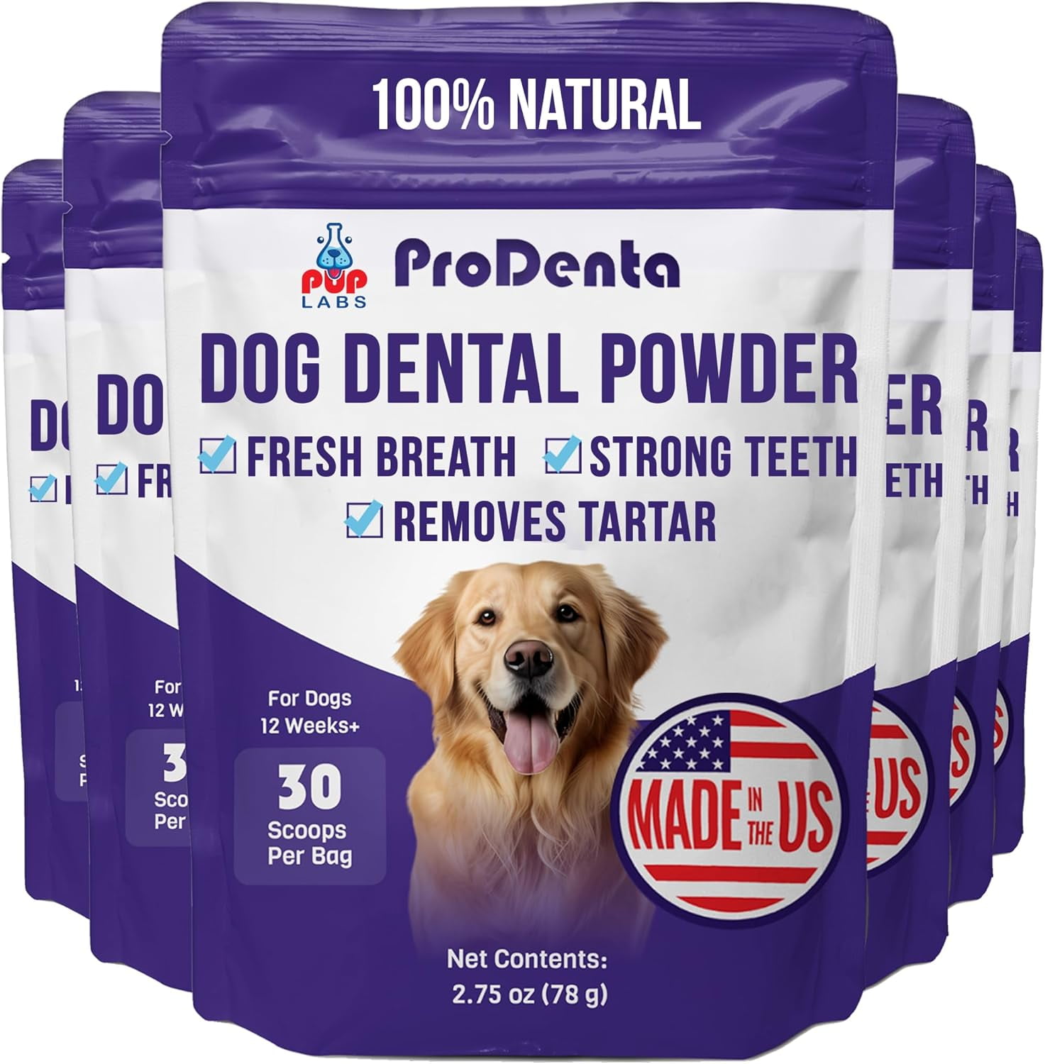 ProDenta, All-Natural Dog Breath Freshener, Easy-to-Use Dog Teeth Cleaning Powder Against Leaky Gums, Dental Powder for Dogs Teeth and Tartar Remover Made in USA, 30 Scoops (Pack of 6).