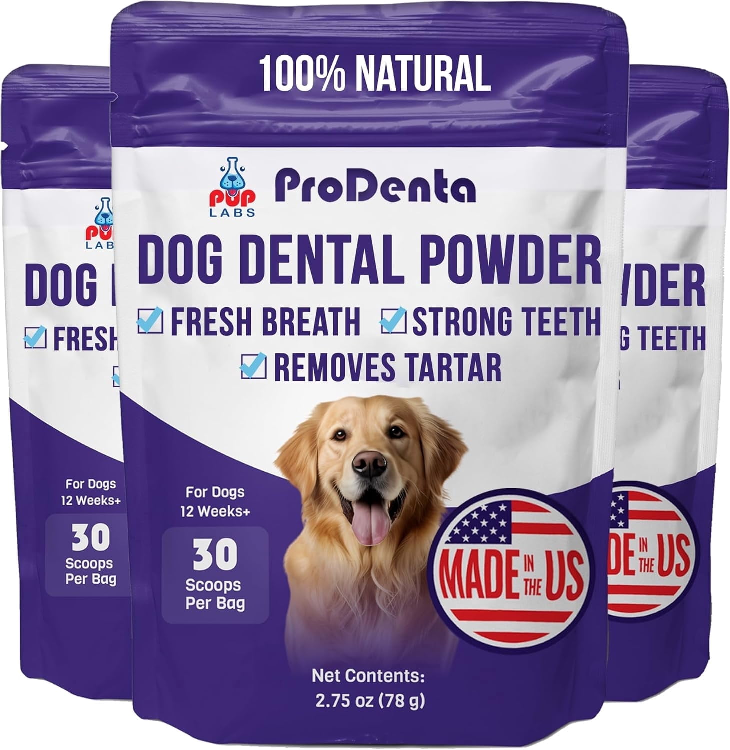 Pup Labs ProDenta, Tartar & Bad Breath Remover for Dogs, Plaque and Gum Support, 30 Scoops (3-Pack)