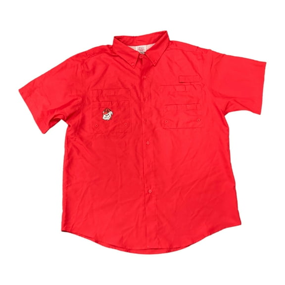 ProEdge Men's Sports Team Logo Short Sleeve Button-Down Shirt (Red, S)