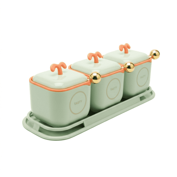 ProFinds 3-Piece Plastic Condiment Pot Set with Spoons and Serving Tray, Light Green,20oz 1 unit