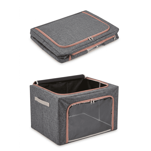 ProFinds Clothes Storage Bin Foldable Steel Frame Closet Organizer Dual Zipper Clear Window Dark Grey 66 Liter 1 Unit