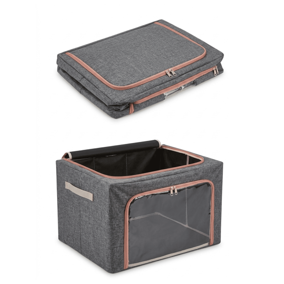 ProFinds Clothes Storage Bin Foldable Steel Frame Closet Organizer Dual Zipper Clear Window Dark Grey 66 Liter 1 Unit
