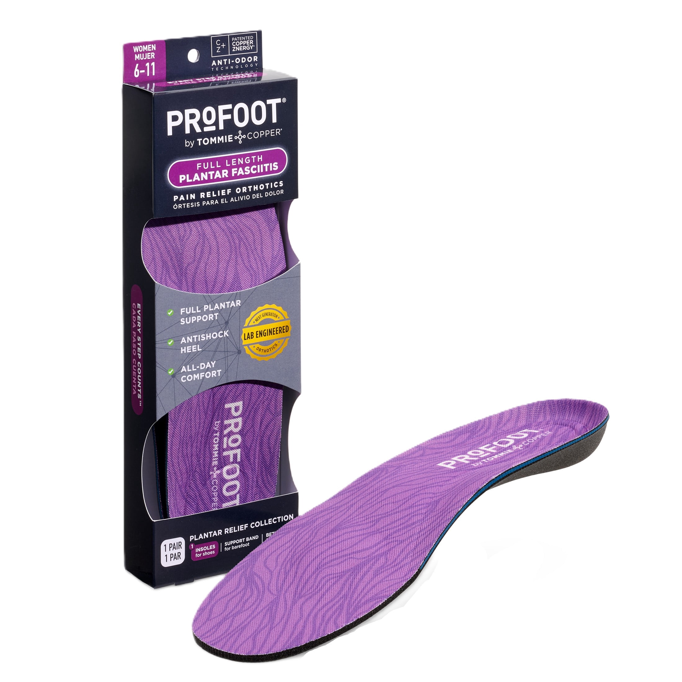ProFoot Full Length Plantar Fasciitis Orthotic Insoles, Womens 6-11, 1 Pair