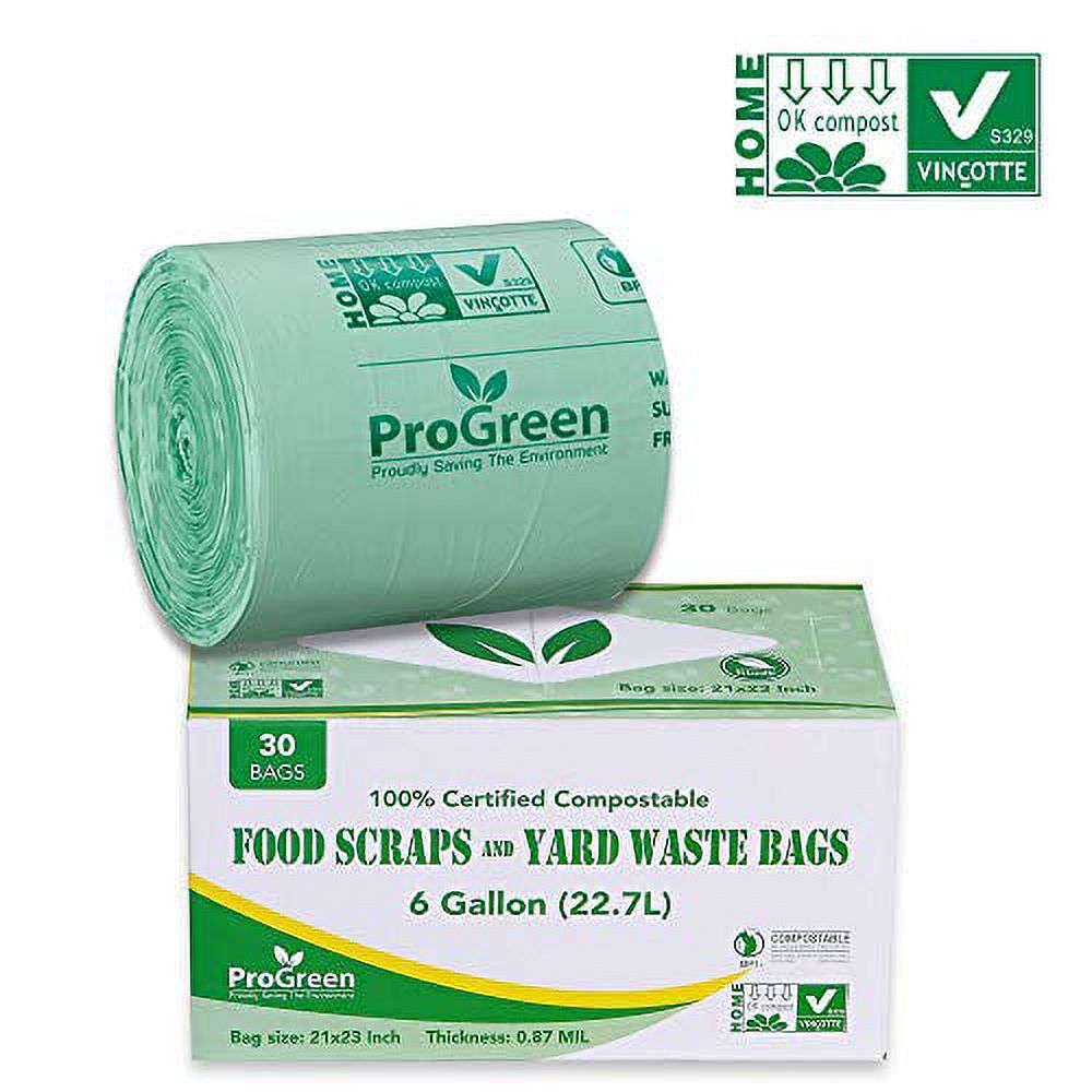 ProGreen 100 Compostable Bags 6 Gallon, Extra Thick 0.87 Mil, 30 Count