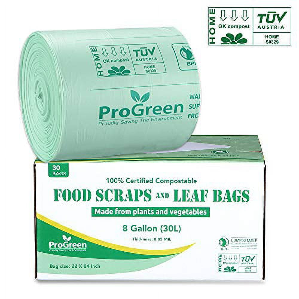 Buy ProGreen 100% Compostable Bags 8 Gallon (30L), Extra Thick 0.85 Mil,  100 Count, Small Kitchen Trash Bags, Food Scraps Yard Waste Bags, ASTM  D6400 BPI and TUV Austria Certified. Now! Only $