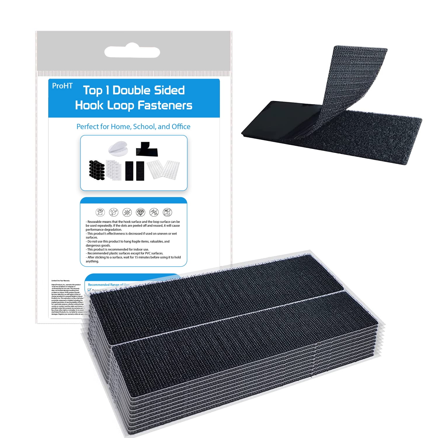 ProHT Hook and Loop Strips with Adhesive 2x6 Inch 10 Pairs Industrial Strength Sticky Back