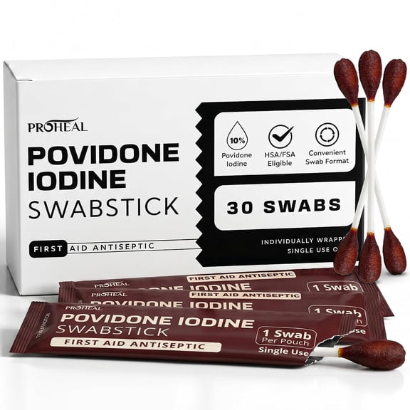 ProHeal 10% Povidone Iodine Swabs- 30 Iodine Swabsticks, Individually Wrapped - First Aid Antiseptic for Cleaning and Wound Care