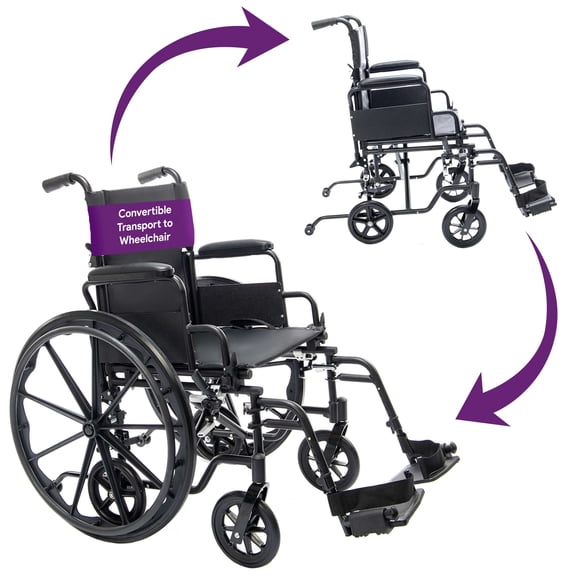 ProHeal 16" Convertible Wheelchair to Transfer Chair Hybrid - Lightweight 2-in-1 Wheelchair & Transport Wheelchair - Quick Release Rear Wheels
