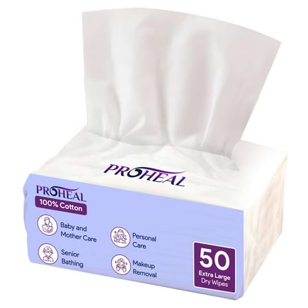 ProHeal Disposable XL Dry Wipes, 50 Pack – Ultra Soft Non-Moistened Cleansing Cloths for Adults, Incontinence, Baby Care, Makeup Removal