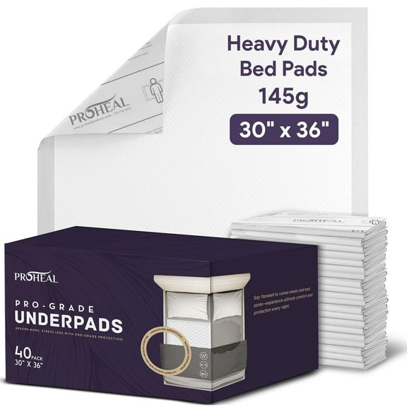 ProHeal Heavy Duty Incontinence Bed Pads 30" x 36" - 40 ct.- With 375 lb Lift Capacity Ultra Absorbent Disposable Chucks Underpads for Adults - XL Pee - Overnight Absorbance, Waterproof Bed Protector