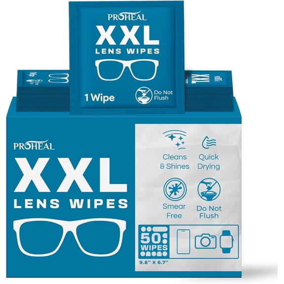 ProHeal Lens Wipes XXL, 50 Count - 10"x7" for Eye Glasses, Watches, Display Screens
