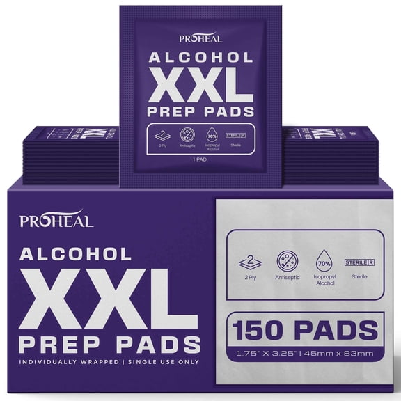 ProHeal XXL Alcohol Wipes, Individually Wrapped - 150 ct. Sterile Alcohol Prep Pads Fully Saturated with 70% Isopropyl, Extra Coverage
