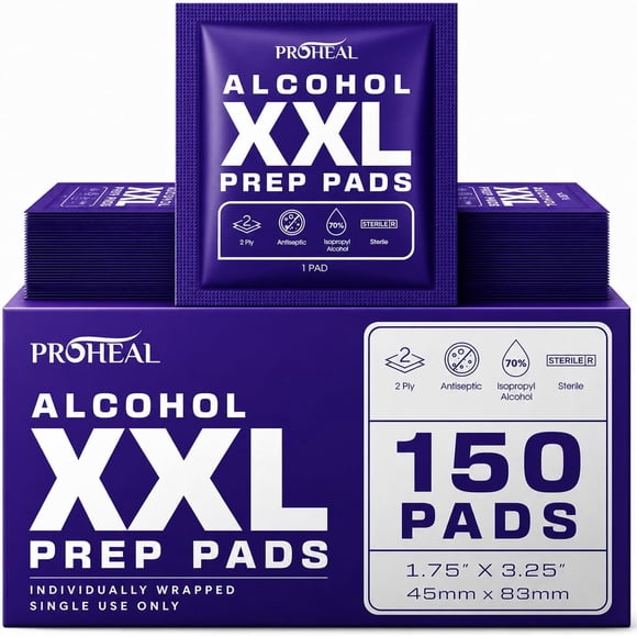 ProHeal XXL Alcohol Wipes, Individually Wrapped - 150 ct. Sterile Alcohol Prep Pads Fully Saturated with 70% Isopropyl, Extra Coverage