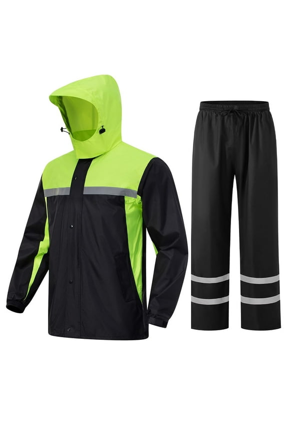 Mens Rain Suits with Air Vents Reflective Stripes Waterproof Rain Gear Breathable Jacket Pants for Work Golf Fishing Hiking (Black Green, Large)