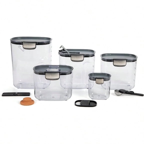 ProKeeper+ 9-Piece Airtight Food Storage Container Set Clear Plastic Flour and Sugar Canister Set with Magnetic Accories for Kitchen Organization Grey 9-Piece