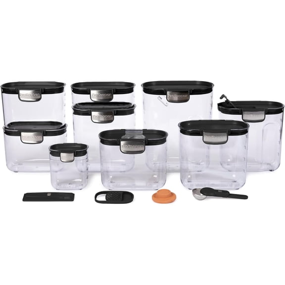 ProKeeper+ Airtight Food Storage Container Set  Clear Plastic Flour and Sugar Canister Set with Magnetic Accessories for Kitchen Organization (Black, 13-Piece)