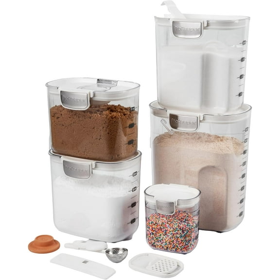 ProKeeper+ Airtight Food Storage Container Set – Clear Plastic Flour and Sugar Canister Set with Magnetic Accessories for Kitchen Organization (White, 9-Piece)