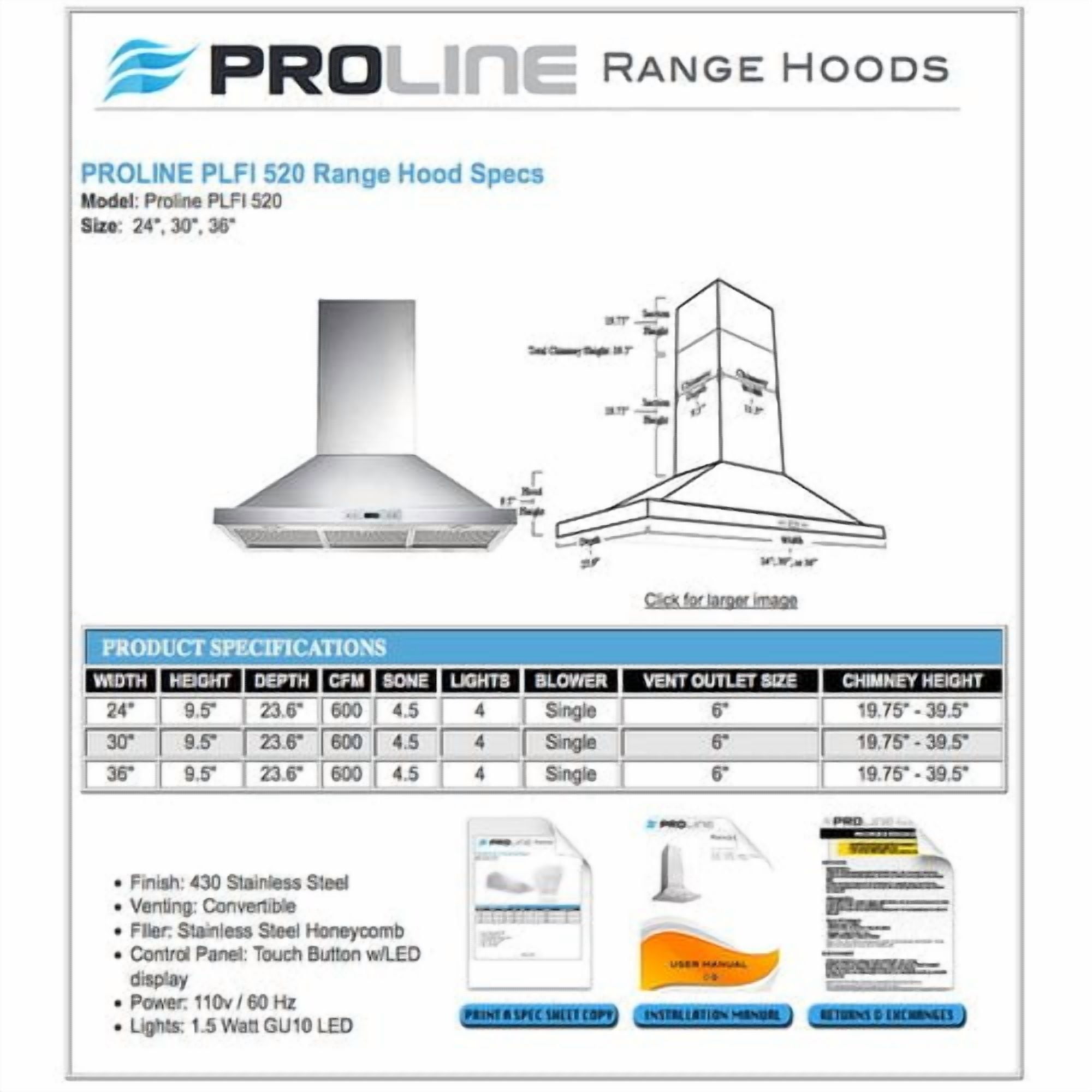 ProLine Range Hoods 30'' 600 CFM Convertible Island Range Hood